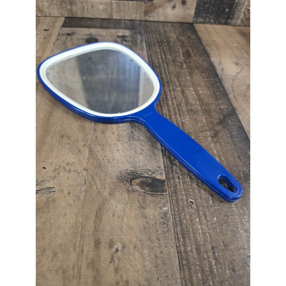 Vintage Blue Handheld Mirror USA Made Plastic Textured Diamond Back Retro Vanity